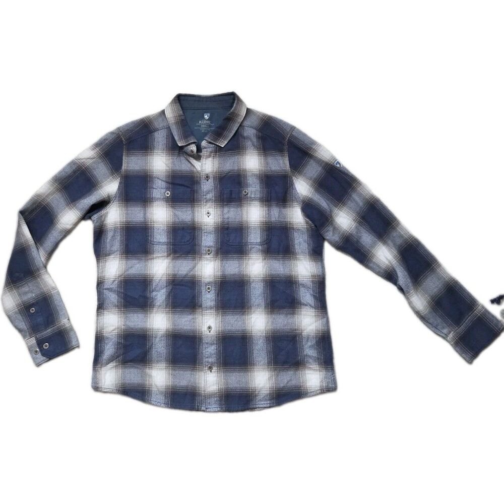 KÜHL Blue Gray Plaid Long Sleeve Button Down Flannel Shirt Mens Small EUC